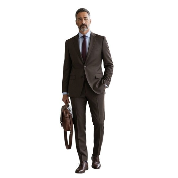 Hugo Boss Mens Super 100 US 42L Virgin Wool Brown Pinstripe 2 Piece Suit - Picture 1 of 10
